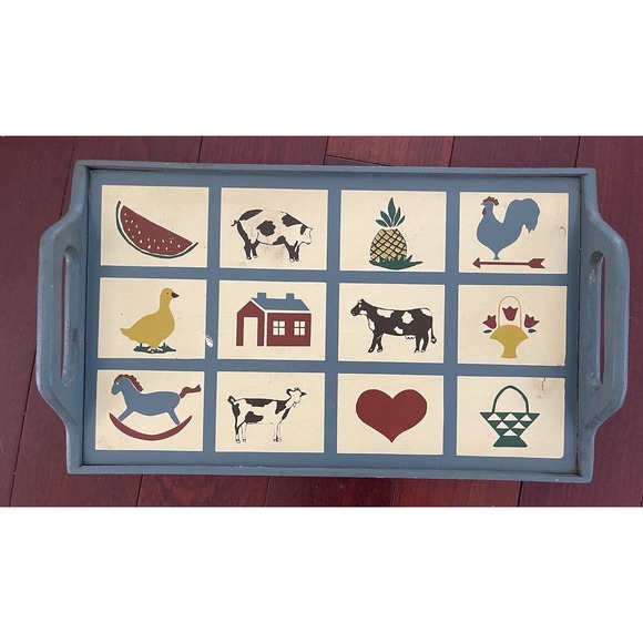 1980s Solid Pine Painted Tray With Decorative Patchwork, Country Folk Art Images - Picture 1 of 3
